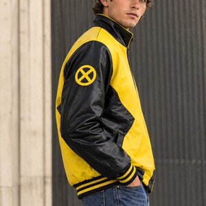 X-Men Inspired Leather Jacket | Black Yellow Comic Book Biker Coat (Fan Design)