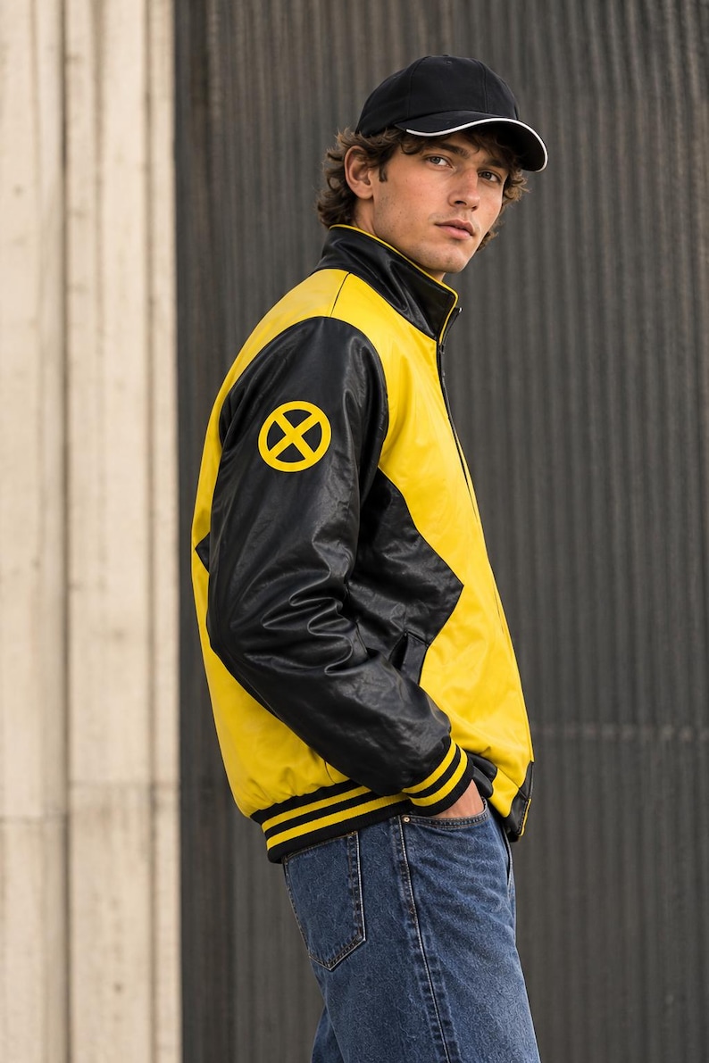 X-Men Inspired Leather Jacket | Black Yellow Comic Book Biker Coat (Fan Design)