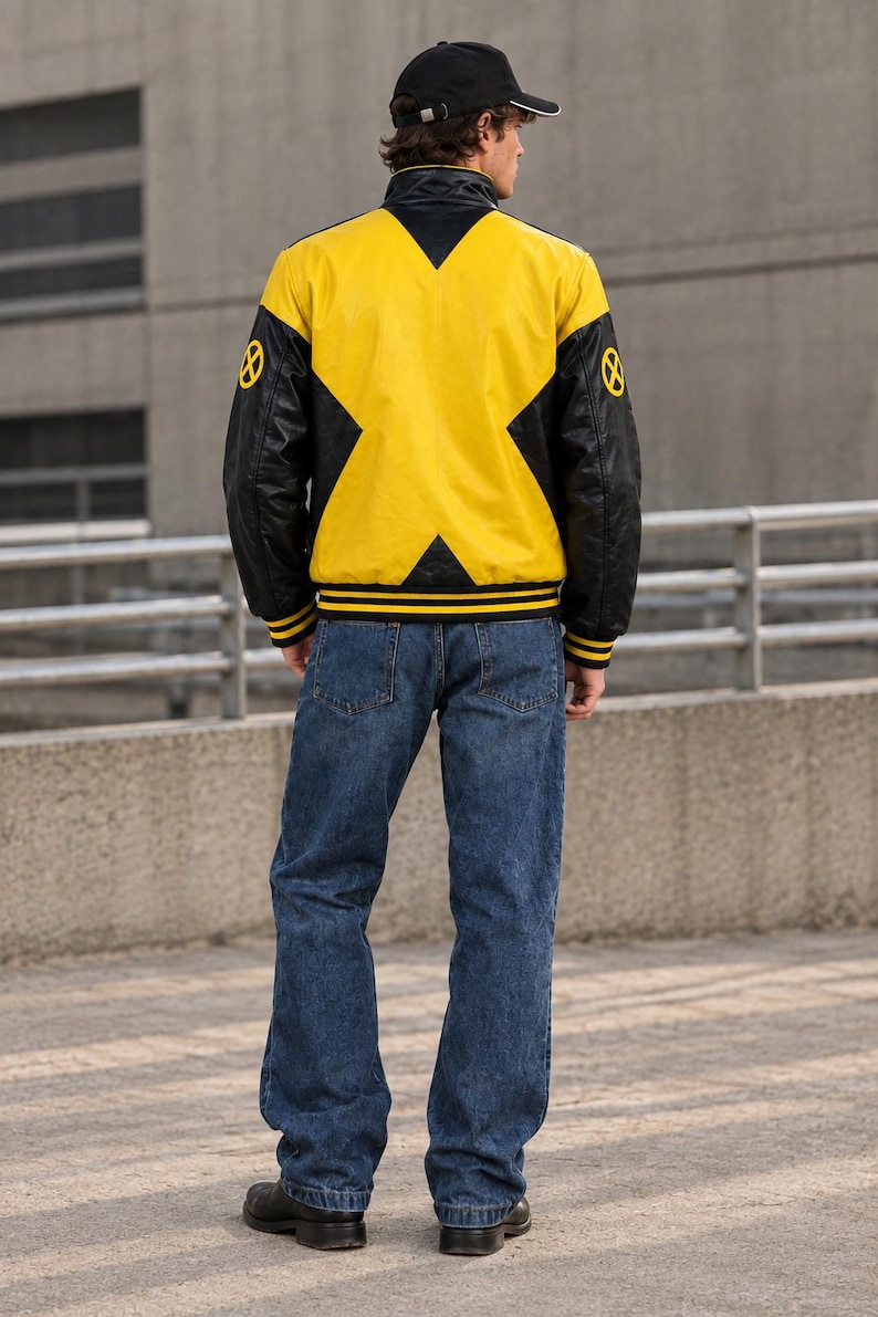 X-Men Inspired Leather Jacket | Black Yellow Comic Book Biker Coat (Fan Design)