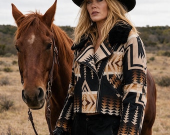 Dutton Ranch Beth Dutton Kelly Reilly Aztec Pattern Wool Aviator Jacket with Shearling Collar