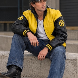 X-Men Inspired Leather Jacket | Black Yellow Comic Book Biker Coat (Fan Design)