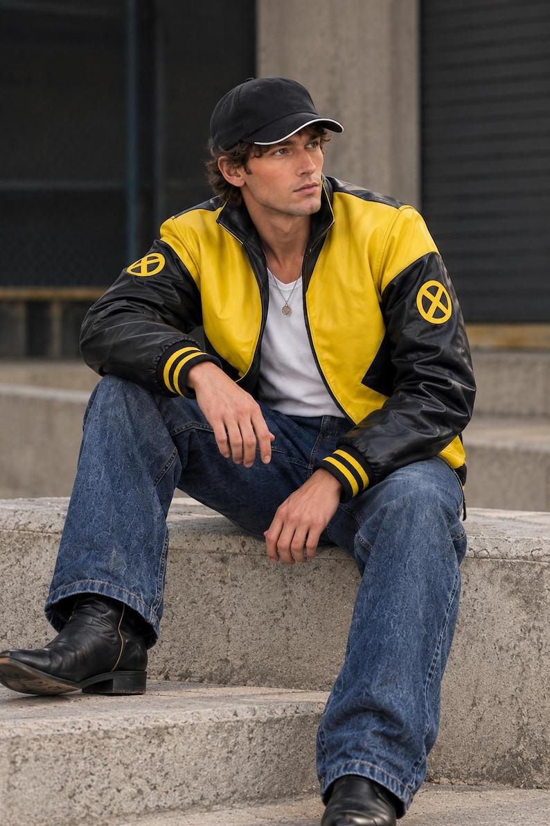 X-Men Inspired Leather Jacket | Black Yellow Comic Book Biker Coat (Fan Design)