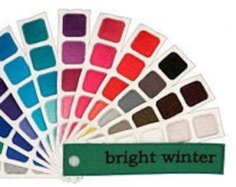 May include: A color palette fan with a variety of square color swatches in shades of blue, green, purple, pink, red, gray, and brown. The fan includes a green band with the text "bright winter".