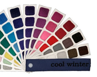 May include: A color palette fan with swatches of various shades of blue, green, purple, red, and gray. The fan is labeled "cool winter".