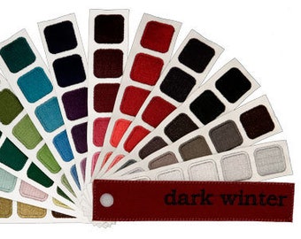 Pode incluir: Um leque de paleta de cores com uma variedade de cores escuras, incluindo preto, cinza, azul marinho, bordô e vermelho. O leque é etiquetado como "inverno escuro".