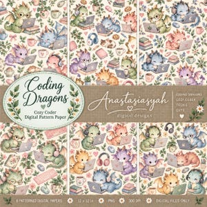 Pode incluir: Uma coleção de papel de padrão digital intitulada Coding Dragons de Anastasiasyah apresentando ilustrações repetidas de pequenos dragões coloridos usando laptops, usando fones de ouvido e lendo livros, intercalados com canecas de café, plantas e teclados.