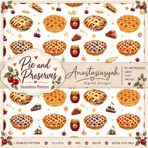 Könnte beinhalten: Ein nahtloses digitales Muster mit Aquarellillustrationen von Gitterkuchen, Gläsern mit Kirschkonfitüre, Kirschen und Nudelhölzern auf weißem Hintergrund. Der Text lautet Pie and Preserves, Anastasiasyah digital designs.