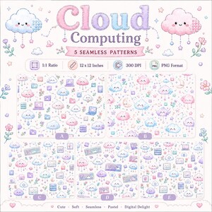 Könnte beinhalten: Ein digitales Grafikset mit dem Titel Cloud Computing mit 5 nahtlosen Mustern. Das Bild zeigt pastellfarbene Wolken, Laptops, Tastaturen und Symbole im 1:1-Verhältnis, 30,48 x 30,48 cm, 300 DPI, PNG-Format. Das Design umfasst fünf verschiedene Mustervarianten, die von A bis E beschriftet sind und weiche, helle Illustrationen aufweisen.