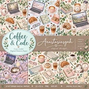 Digitala papper med Coffee Cote Code-motiv, Cottagecore-stil (6 papper)