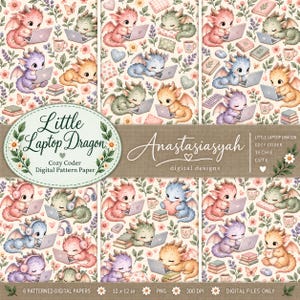 Puede incluir: Una colección de papel con patrón digital titulada Little Laptop Dragon de Anastasiasyah que presenta ilustraciones repetitivas de pequeños dragones coloridos usando computadoras portátiles, audífonos y durmiendo entre flores, libros y corazones.