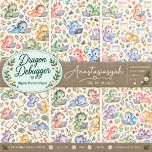 May include: Digital pattern paper featuring a repeating motif of colorful cartoon dragons using laptops, wearing headphones, and reading, interspersed with flowers, ladybugs, and magnifying glasses. Text reads Dragon Debugger and Anastasiasyah.