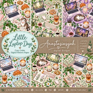 以下が含まれることがあります： AnastasiasyahによるLittle Laptop Daysと題されたデジタルパターンペーパーコレクション。6種類の繰り返しデザインが含まれています。パターンには、ノートパソコン、猫、コーヒー、ペストリー、花、キーボード、ノートのイラストが花柄の背景に描かれています。
