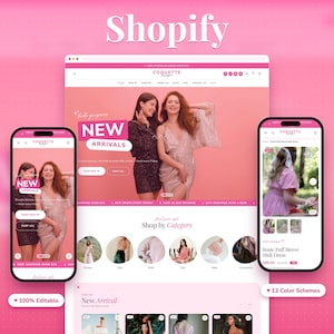 May include: A digital mockup of a Shopify e-commerce website for Coquette Boutique, featuring a pink colour scheme, a hero banner with two models, navigation menus, category circles, and product listings for clothing, bags, and accessories.