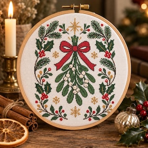 Può includere: Un telaio da ricamo circolare in legno contenente un motivo a punto croce su tessuto bianco. Il design presenta un rametto di vischio centrale legato con un nastro rosso, affiancato da due rami verticali di agrifoglio con bacche rosse e fiocchi dorati.