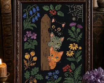 Peekaboo Kittens Cross Stitch Pattern: Cottagecore Cats, Flowers (PDF)