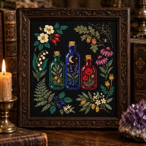 Puede incluir: Un bordado de punto de cruz en un marco oscuro y ornamentado que presenta tres botellas de vidrio con tapones de corcho en verde, azul y rojo. La botella azul muestra una luna creciente. Rodeando las botellas hay elementos botánicos que incluyen flores blancas, bayas rojas, helechos, equináceas moradas y hojas verdes sobre un fondo negro.