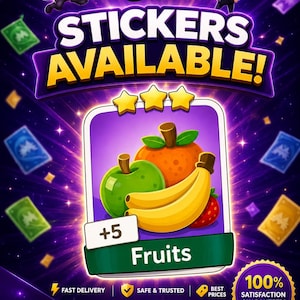 May include: A Monopoly GO digital sticker card featuring a green apple, an orange, and yellow bananas with the text +5 Fruits. The background is purple with floating stickers, a cartoon dog, and the Monopoly mascot. Text includes STICKERS AVAILABLE!, COMPLETE YOUR ALBUM, WIN BIG!, and 100% SATISFACTION GUARANTEED!.