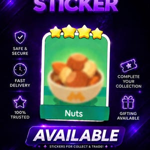 Op de afbeelding: Een digitale spelstickerkaart met een kom noten, bekroond met vier gele sterren. De kaart staat tegen een donkerpaarse achtergrond met neontekst waaronder STICKER, AVAILABLE en LyxxStore, samen met diverse service-iconen.