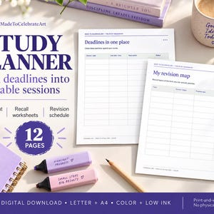 May include: A study planner digital download set featuring two white printed pages with tables titled Deadlines in one place and My revision map, a purple spiral notebook, two light purple highlighters, and a wooden pencil.