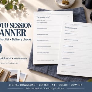 May include: A 12-page photo session planner printed on white paper, featuring sections for the session brief and location notes. The document includes lines for written entries and headers such as The session brief and Location notes.