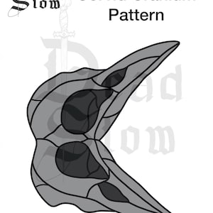 May include: A black and white line art pattern titled Conjoined Corvid Cranium Pattern, featuring a stylised illustration of two connected bird skulls in grey with dark eye sockets. The text Dead Slow and @deadslowcreations is visible.