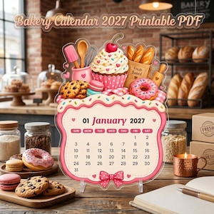 May include: A 2027 printable bakery calendar featuring a cupcake, donut, cookies, and bread illustrations. The calendar page displays January 2027 with a pink border, a bow, and sprinkles. The text reads Bakery Calendar 2027 Printable PDF.