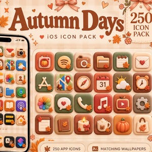 May include: An Autumn Days iOS icon pack featuring 250 app icons and matching wallpapers. The display shows smartphones with a warm-toned interface, a fox illustration, and a grid of rounded square icons decorated with small orange maple leaves.
