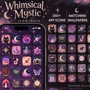 May include: A digital icon pack titled Whimsical Mystic featuring over 250 app icons and matching wallpapers. The icons display celestial, magical, and nature-themed illustrations in shades of purple, pink, and gold on a dark starry background.