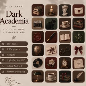 May include: A digital icon pack titled Dark Academia featuring over 250 icons, 8 wallpapers, and widgets for iOS and Android. The icons display various objects including books, a candle, a statue, a camera, a cat, a globe, and a clock.