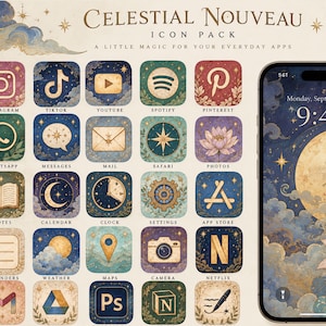 Puede incluir: Un paquete de iconos digital titulado Celestial Nouveau que incluye 240 iconos y 8 fondos de pantalla. El diseño presenta motivos celestiales como lunas, estrellas y nubes en tonos dorados, azules y crema. Un smartphone muestra un fondo de pantalla lunar.