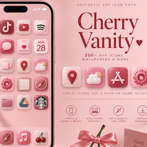 Könnte beinhalten: Ein Smartphone-Bildschirm mit einem Cherry Vanity App-Icon-Paket mit verschiedenen rosa und roten 3D-Icons. Der Text lautet Cherry Vanity, 200+ app icons, wallpapers & more, sweet icons for a happier home screen sowie weitere Funktionsbeschriftungen.