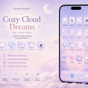 以下が含まれることがあります： Cozy Cloud Dreamsというタイトルのデジタルアイコンパックを表示するスマートフォン。インターフェースには、柔らかい空の背景に薄紫色の雲をテーマにしたアプリのアイコンが表示されています。テキストには、155 Premium Glass Icons、iOS 17+ and iOS 18+ Ready、4K High Resolution PNGs、Installation Guide Includedが含まれています。