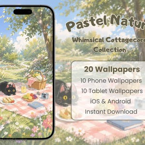 May include: A digital collection titled Pastel Nature Whimsical Cottagecore Collection featuring 20 wallpapers for phone and tablet. The artwork displays a black cat on a pink checkered picnic blanket with food, a basket, and a camera in a garden.