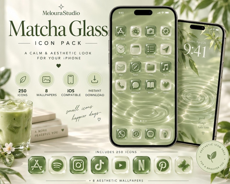 Matcha Glass iPhone Icon Pack, 250+ App Icons, 8 Wallpapers (digital ...