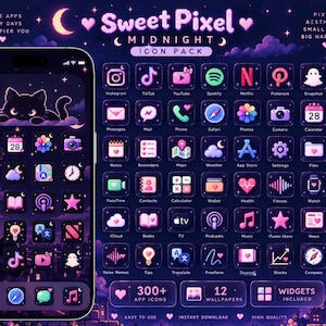 Könnte beinhalten: Ein digitales Icon-Paket mit dem Titel Sweet Pixel Midnight in einer dunkelvioletten und rosafarbenen Farbpalette mit Pixel-Art-Designs. Das Set enthält über 300 App-Icons, 12 Hintergrundbilder und Widgets auf einem Smartphone.