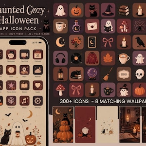Pode incluir: Um pacote de ícones de aplicativos intitulado Haunted Cozy Halloween com mais de 300 ícones e 8 papéis de parede. O conjunto inclui ilustrações de fantasmas, abóboras, gatos pretos, velas e folhagens de outono em tons de marrom escuro e creme.