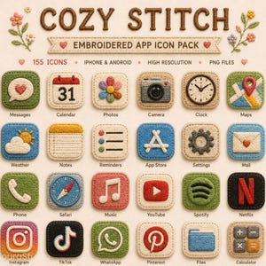 Könnte beinhalten: Eine digitale Sammlung von 155 gestickten App-Symbolen mit dem Titel COZY STITCH EMBROIDERED APP ICON PACK. Das Set enthält quadratische Symbole mit strukturierten, gestickten Designs, die verschiedene mobile Anwendungen wie Nachrichten und Kamera darstellen.