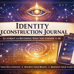 Peut inclure: Le journal Identity Reconstruction présente un fond cosmique bleu foncé et doré avec une icône d'œil centrale. Le texte indique Identity Reconstruction Journal, Blueprint for Becoming Who You Choose to Be, et Rebuild Your Self-Concept, Rewrite Your Beliefs, Redesign Your Narrative. Inclut des feuilles de travail.