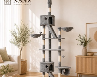 Large Cat Tree Tower with Condos, Hammocks & Ladder | Floor to Ceiling