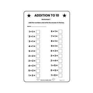Puede incluir: Una hoja de ejercicios en blanco y negro titulada ADDITION TO 10, Worksheet 1. Contiene dos columnas de problemas de suma con casillas vacías para las respuestas, una línea para el nombre, dos estrellas y el texto You're a maths star! al pie.