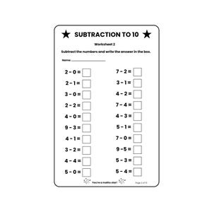 Puede incluir: Una hoja de ejercicios de resta en blanco y negro titulada SUBTRACTION TO 10, Worksheet 2. Incluye dos columnas de problemas matemáticos con casillas vacías para las respuestas, una línea para el nombre y el texto You're a maths star!.