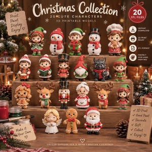 Puede incluir: Una colección de 20 modelos de personajes navideños imprimibles en 3D que incluye elfos, muñecos de nieve, un cascanueces, Santa Claus y renos. La imagen muestra el texto Christmas Collection, 20 Cute Characters y 20 STL Files.