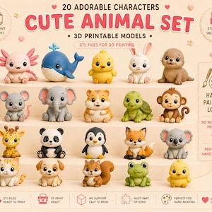 Pode incluir: Um conjunto de 20 figuras de animais imprimíveis em 3D, incluindo um axolote, baleia, pintinho, coelho, foca, rato, elefante, hamster, tartaruga, macaco, girafa, panda, pinguim, raposa, koala, gato, cão, esquilo, rã e um segundo pintinho.