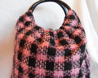 Pink and Black wool/cotton blend plaid purse handbag Round Plastic handle