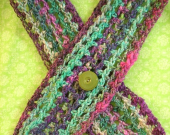 Hand crocheted  teal, purple and fushia scarf with large antique button