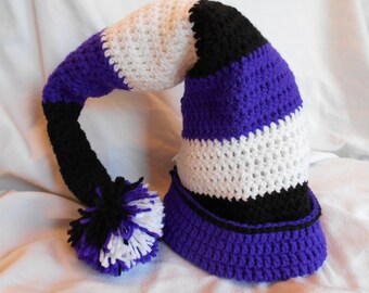 Fun Purple, Black and White hand crocheted hat with large pompom