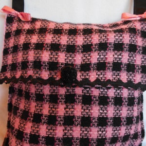 Pink and Black wool look cotton blend plaid purse handbag with shoulder strap image 1
