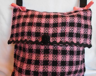 Pink and Black wool look cotton blend plaid purse handbag with shoulder strap