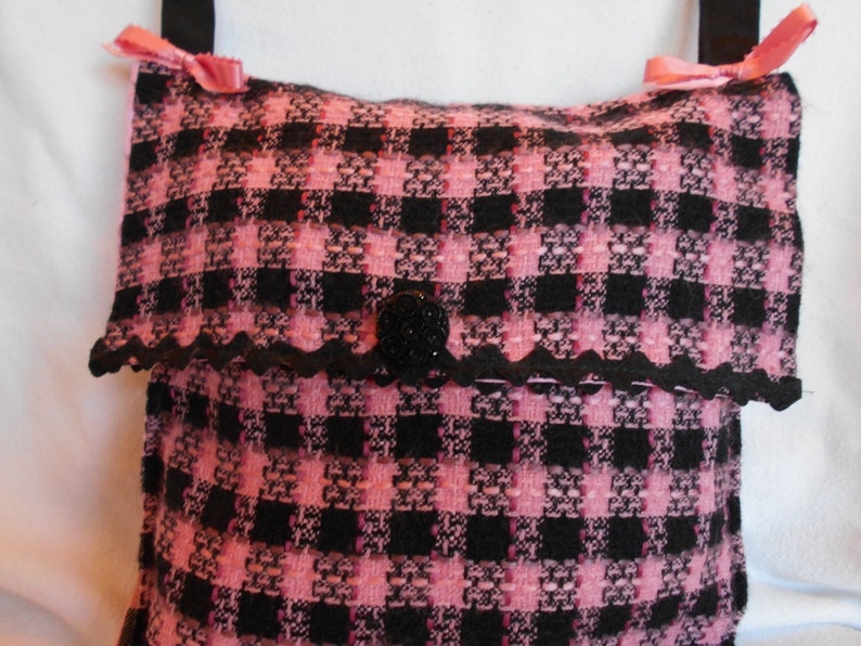 Pink and Black wool look cotton blend plaid purse handbag with shoulder strap image 1