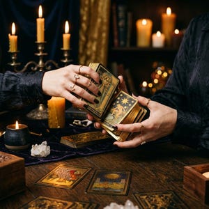 Peut inclure: Un jeu de cartes de tarot aux bords dorés tenu par deux mains. Les cartes présentent des illustrations complexes, notamment une étoile et des motifs célestes. Plusieurs autres cartes de tarot sont étalées sur une table en bois sombre.